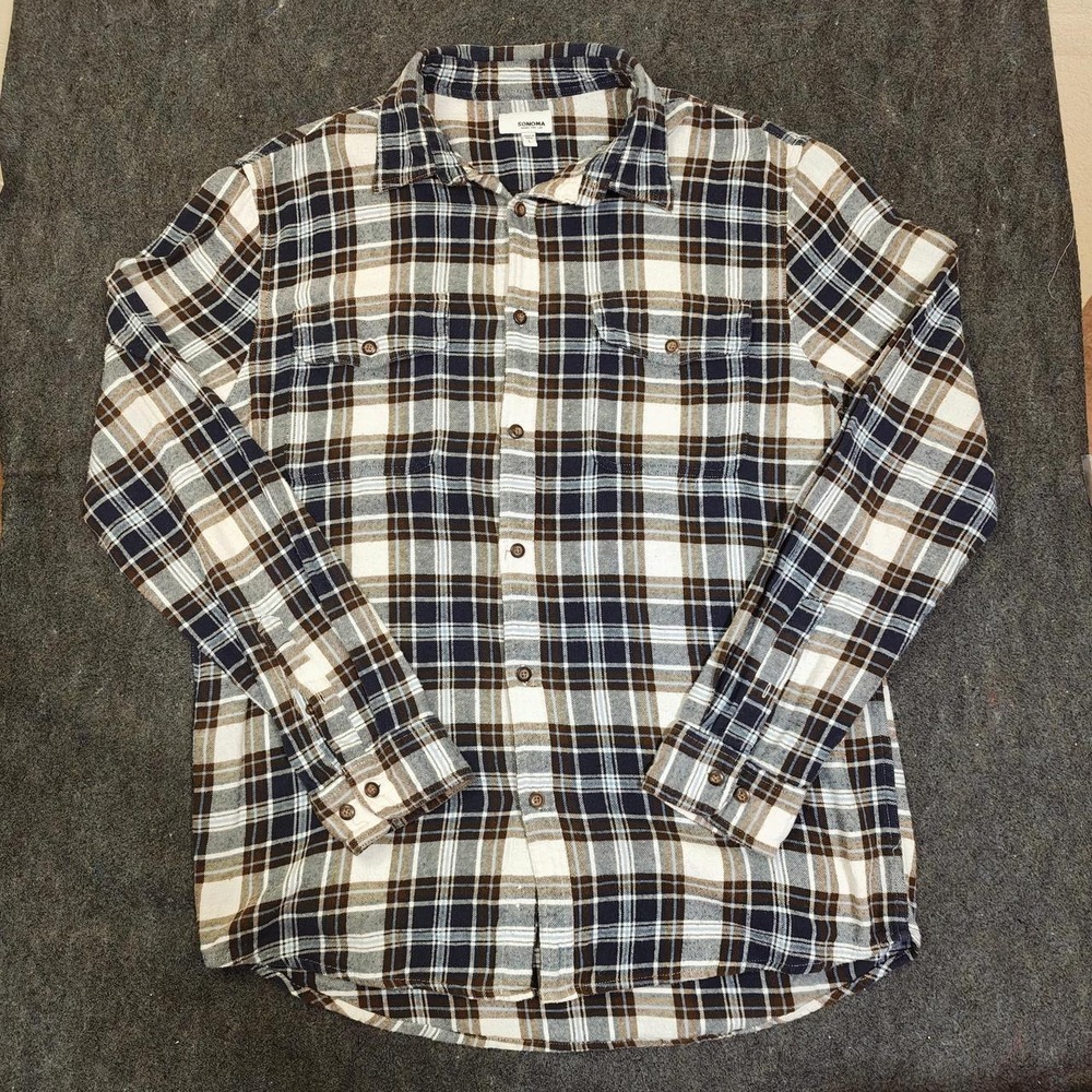 Sonoma Mens Navy Blue White Plaid Flannel Button Up Shirt Size L